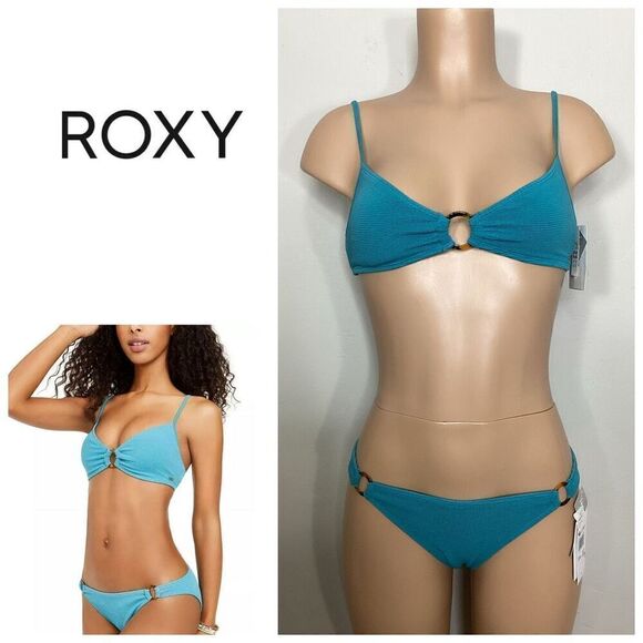 New. ROXY teal ribbed bikini. XS-top/S-bottom. Retails $109 - Picture 1 of 10